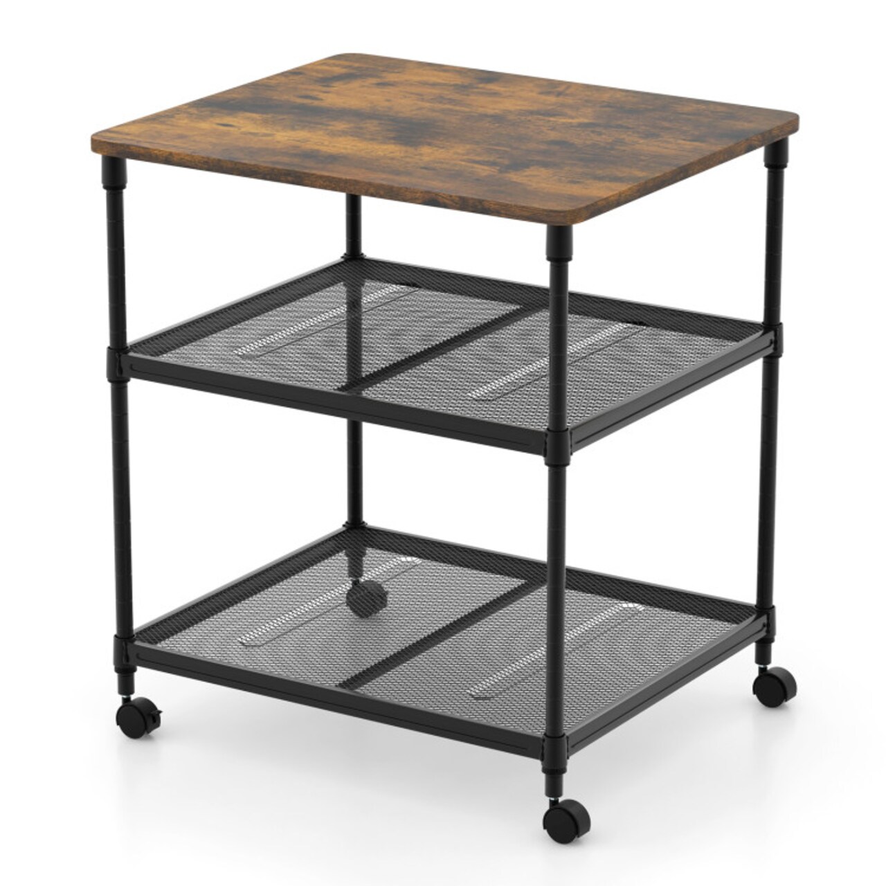 3-Tier Coffee Wooden Rolling Printer Cart with Lockable Wheels and Adjustable Storage Shelves